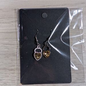 Heart Dangle Earrings Silver Tone Amber Rhinestone Drop Hook
